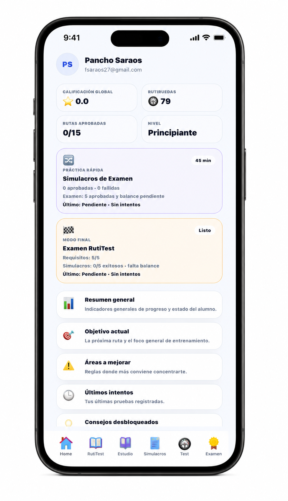 Pantalla de progreso y resultados de RutiTest