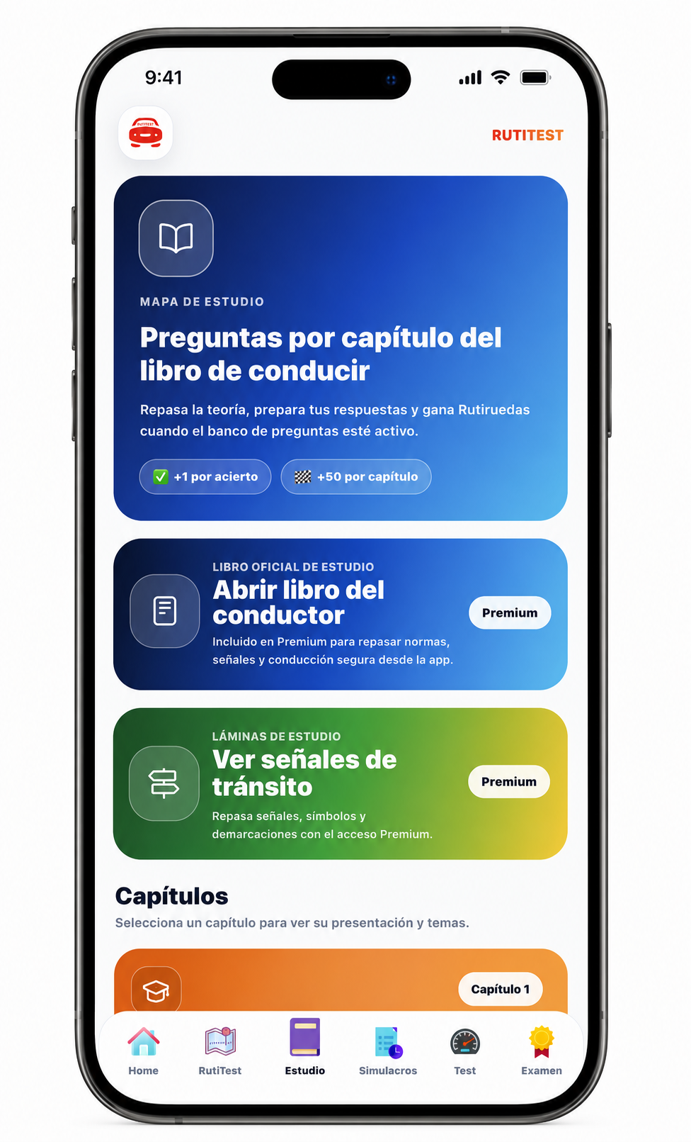 Sección de estudio de RutiTest con capítulos y material de lectura